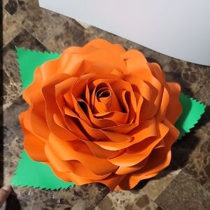 Orange Paper Rose with Green Leaves